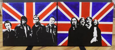 Owyn Jones, pair of oils on canvas, 'The Beatles' and 'The Clash', inscribed verso and dated 2001,