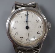 A gentleman's early 1940's mid size stainless steel Omega manual wind wrist watch, with Arabic dial,