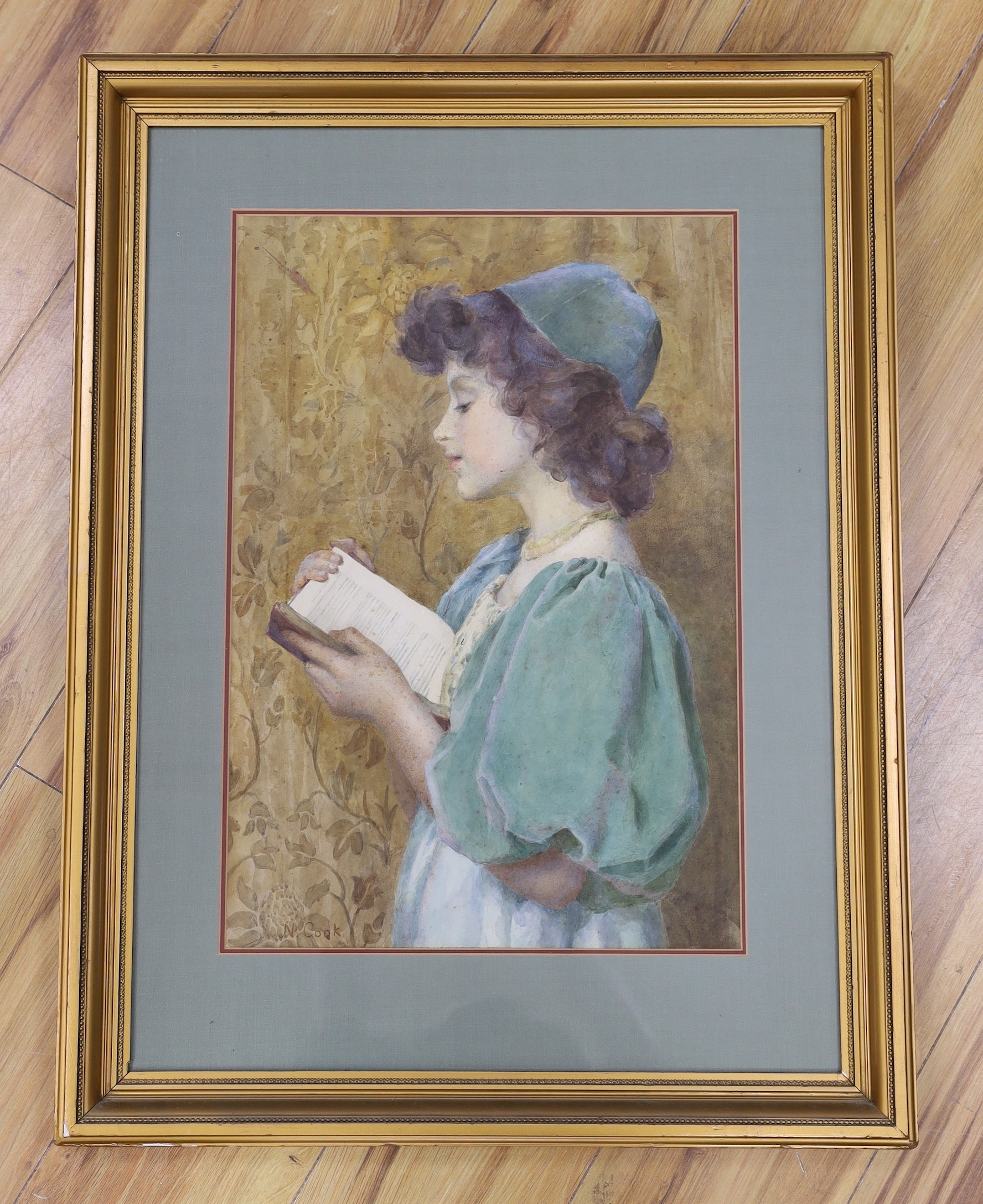 Nelson Cook (1808-1892), watercolour, Portrait of a girl reading a book, signed, 51 x 35cm - Image 2 of 4