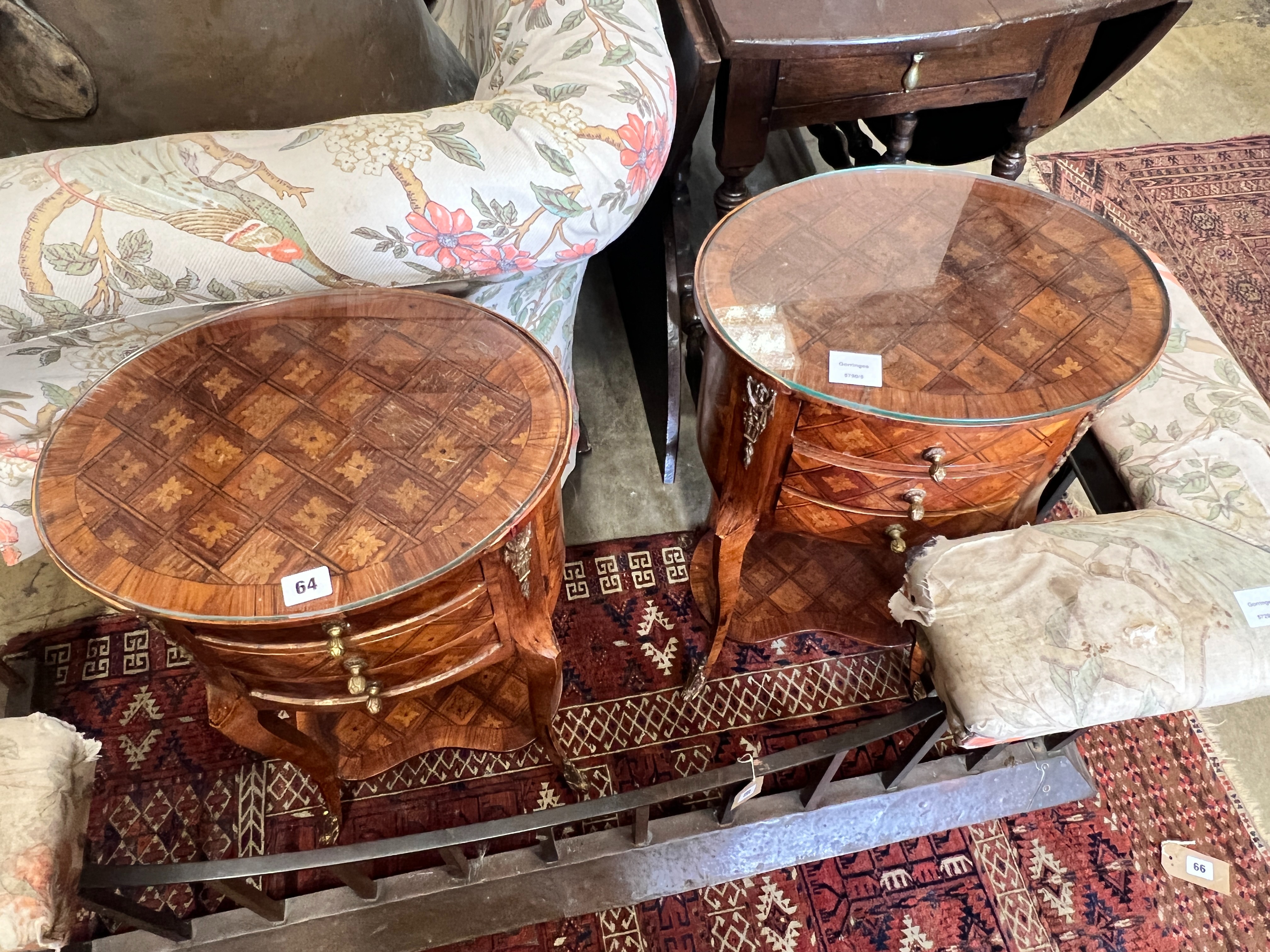 A pair of French transitional style oval parquetry inlaid bedside cupboards, kidney shaped under - Image 2 of 5