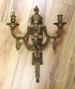 A contemporary bronze three branch wall sconce, 64cm