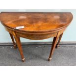 A George III inlaid mahogany demi-lune folding tea table, width 96cm, depth 45cm, height 74cm