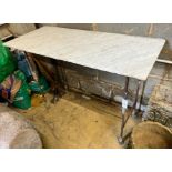 A rectangular wrought iron garden table with marble top (marble split), width 115cm, depth 50cm,