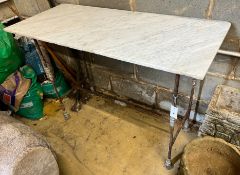 A rectangular wrought iron garden table with marble top (marble split), width 115cm, depth 50cm,
