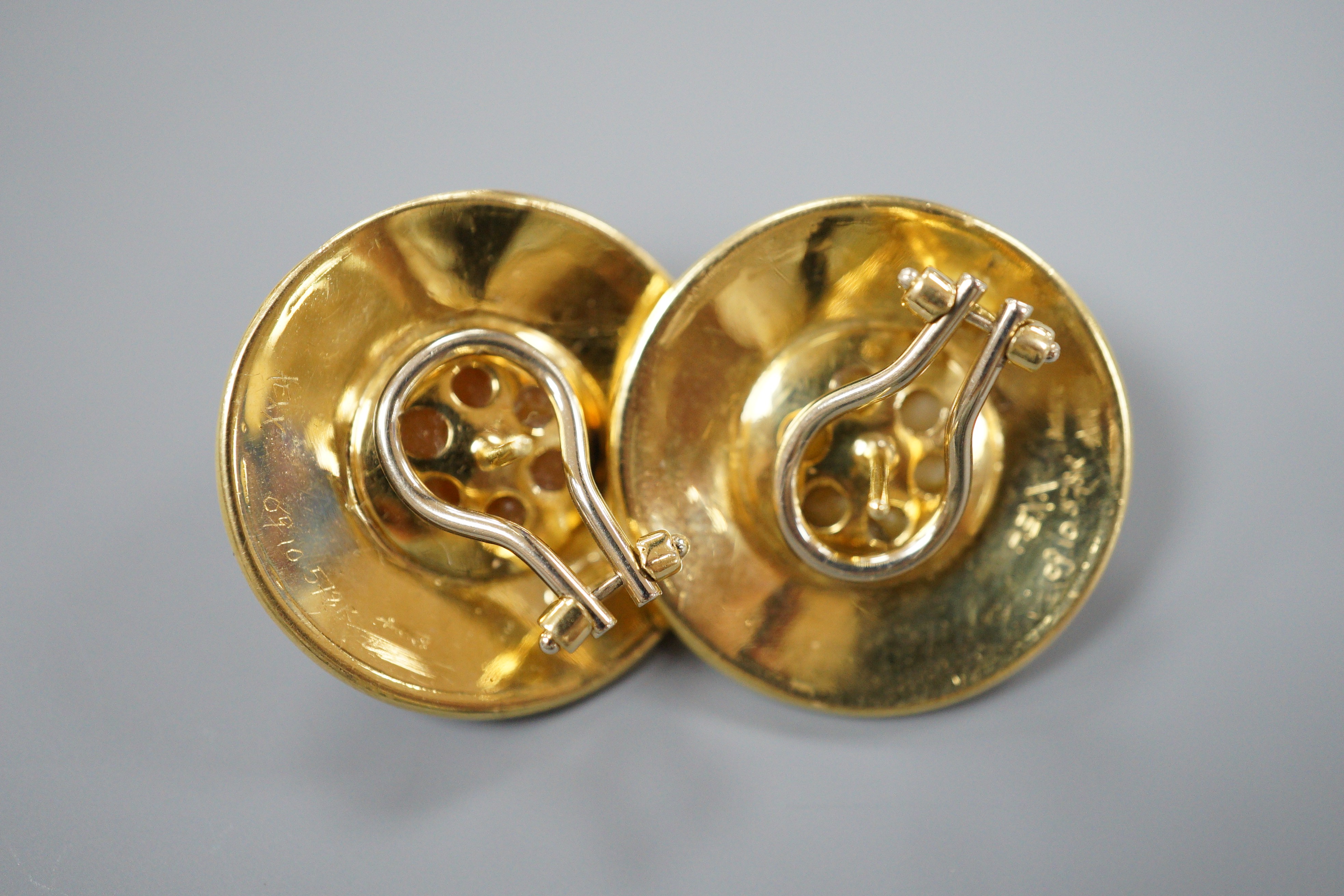 A modern pair of 18ct gold mabe pearl and blue enamel set disc earrings, diameter 25mm, gross weight - Image 2 of 2