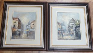 F. Bernard, pair of oils on board, Paris street scenes, signed, 25 x 20cm