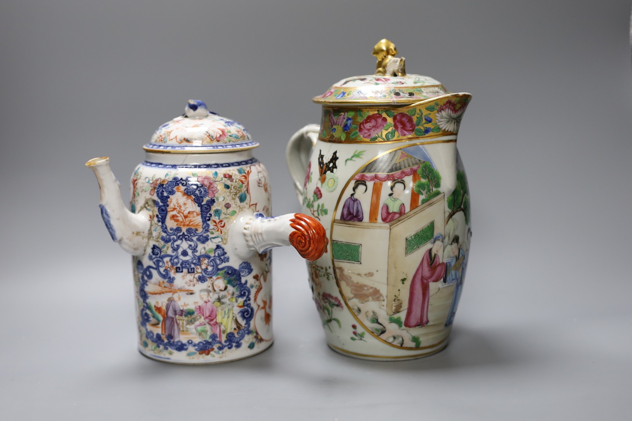 An 18th century Chinese export chocolate pot and cover, together with a Cantonese lidded jug, 26cm