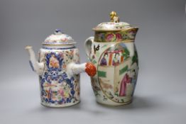 An 18th century Chinese export chocolate pot and cover, together with a Cantonese lidded jug, 26cm