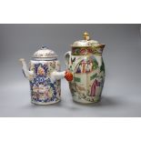 An 18th century Chinese export chocolate pot and cover, together with a Cantonese lidded jug, 26cm