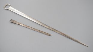 A George III silver meat skewer, Smith & Fearn, London, 1787, 32.7cm, together with a later game