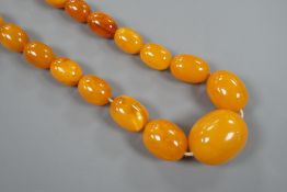 A single strand graduated oval amber bead necklace, 42cm, gross 49 grams and assorted loose amber