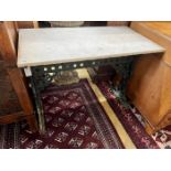 A rectangular marble top cast iron garden table, length 91cm, width 48cm, height 70cm