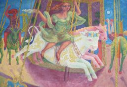Modern British, oil, Woman riding a carousel, 59 x 84cm
