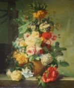 Continental School, oleograph, Still life of flowers in a vase, 61 x 50cm
