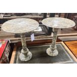 A pair of circular reconstituted marble wine tables, diameter 35cm, height 49cm