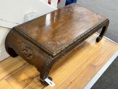 A Chinese carved hardwood low table, length 91cm, depth 41cm, height 27cm