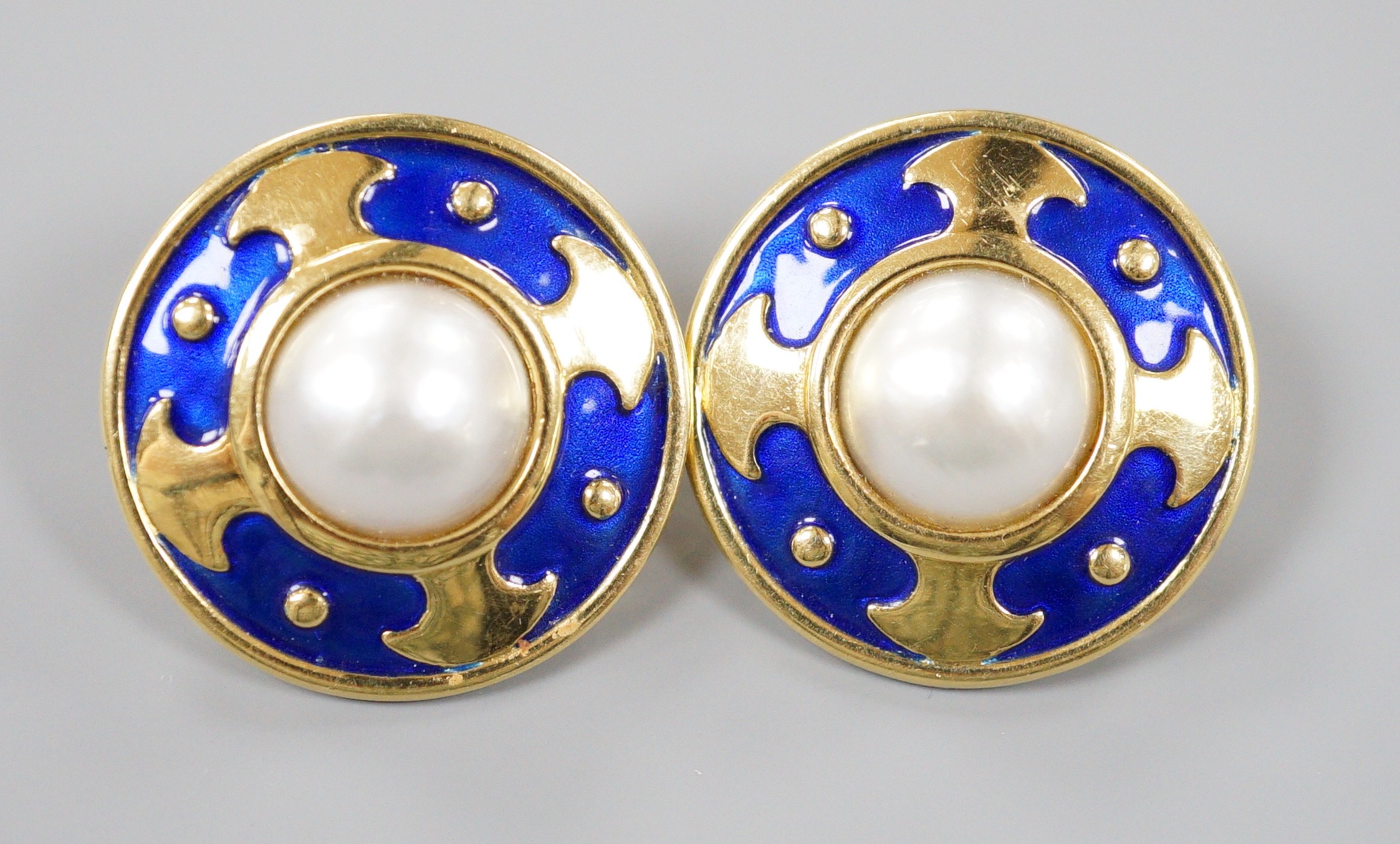 A modern pair of 18ct gold mabe pearl and blue enamel set disc earrings, diameter 25mm, gross weight