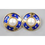 A modern pair of 18ct gold mabe pearl and blue enamel set disc earrings, diameter 25mm, gross weight