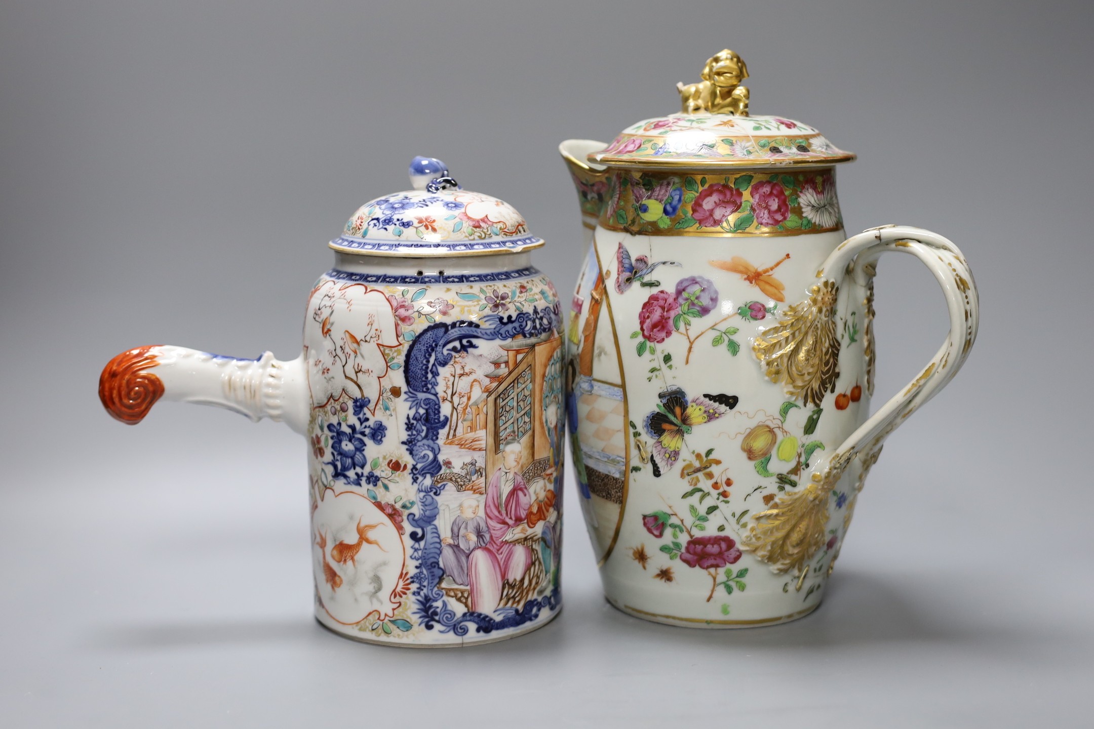 An 18th century Chinese export chocolate pot and cover, together with a Cantonese lidded jug, 26cm - Image 2 of 4