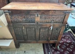 An Indian carved hardwood side cabinet, width 97cm, depth 41cm, height 93cm