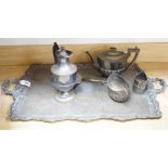 A silver plated two handled tea tray and seven other plated items, tray length 80cm
