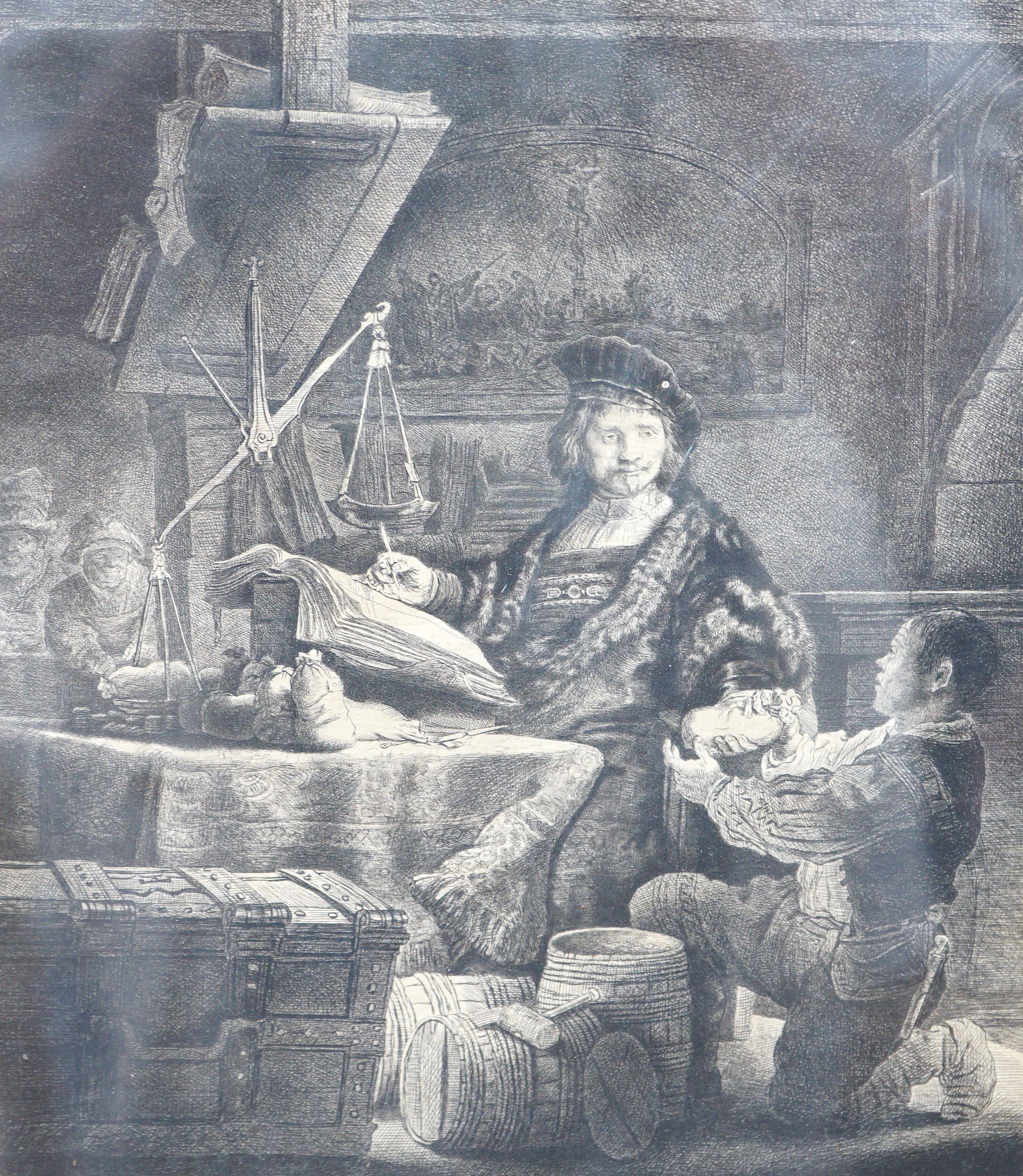 After Rembrandt, etching, The Goldweigher, signed in the plate and dated 1639, 23 x 20cm