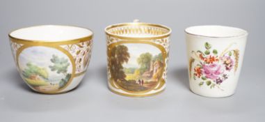 An 18th century miniature porcelain tumbler, probably Derby, a Derby coffee can and a Bute-shape