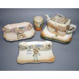 A Royal Doulton Charles Dickens ware teapot, a beaker and four dishes (6)