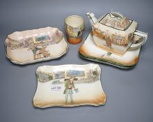 A Royal Doulton Charles Dickens ware teapot, a beaker and four dishes (6)