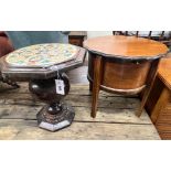 An octagonal oak tile top occasional table, width 42cm, height 46cm and a circular oak work table