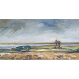 Nigel Longmore, oil on canvas, Windmill in a landscape, 37 x 70cm