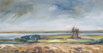Nigel Longmore, oil on canvas, Windmill in a landscape, 37 x 70cm