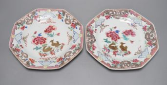 A pair of 18th century Chinese export famille rose octagonal plates, 22cm