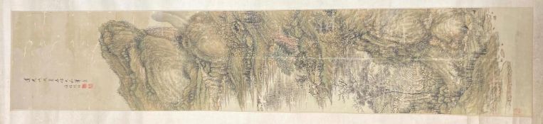 A Chinese landscape scroll painting on silk, Qing dynasty inscribed and signed, artist’s seal and