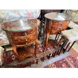 A pair of French transitional style oval parquetry inlaid bedside cupboards, kidney shaped under