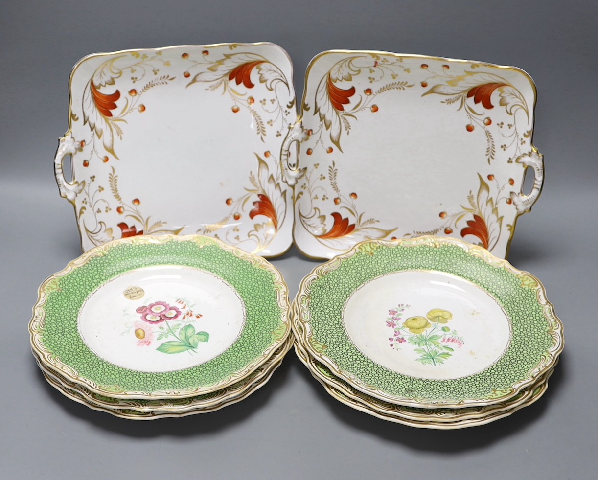 A set of six Copeland Garrett Late Spode dessert dishes, painted with botanical specimens,