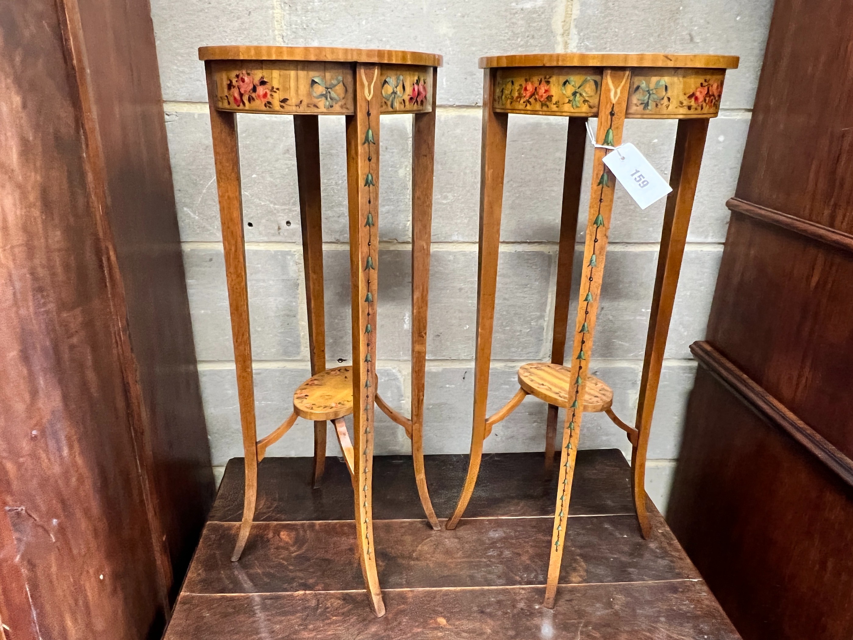 A pair of oval Sheraton style painted satinwood two tier plant stands, width 32cm, depth 26cm, - Image 2 of 3