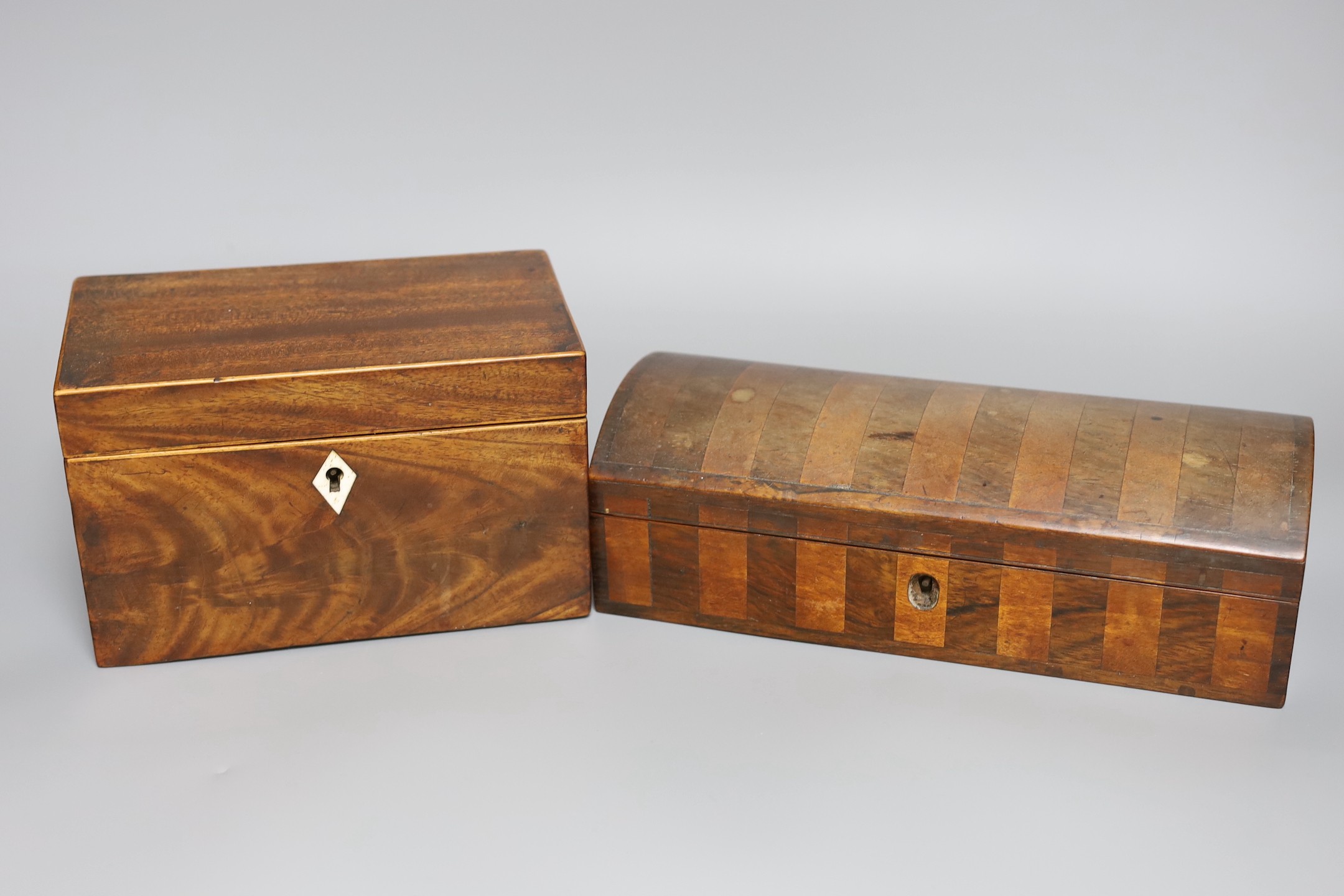 A George III inlaid mahogany tea caddy, a Victorian satinwood and rosewood domed topped glove box, a - Image 5 of 6