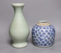 A Chinese celadon ground vase and a similar blue and white jar, tallest 30cm