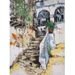 Bernard Dufour (1922-2016), oil on canvas board, Mediterranean steps, 35 x 44cm