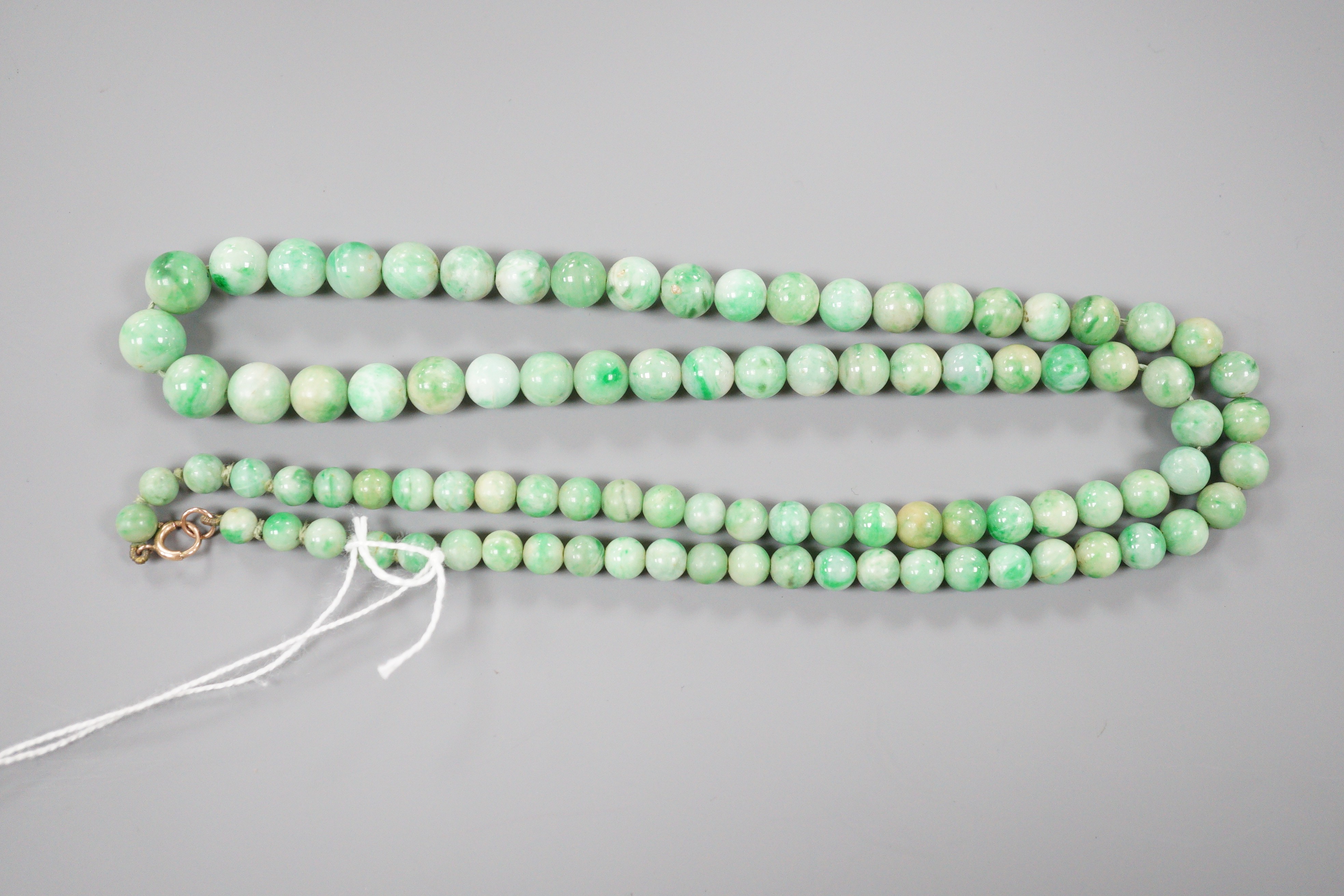 A single strand graduated circular jade bead necklace, with 9ct clasp, 66cm. - Image 2 of 3