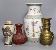 A Chinese crackle glaze ‘warriors’ vase, a famille rose ‘hundred antiques’ vase, a ‘cinnabar’