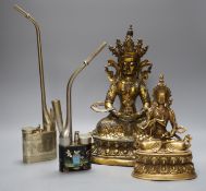 Two Himalayan bronze bodhisattvas and two opium pipes