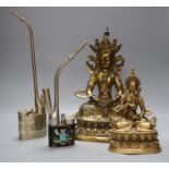 Two Himalayan bronze bodhisattvas and two opium pipes