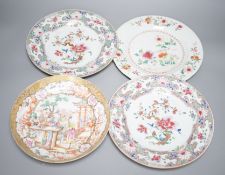 A pair of 18th century Chinese export famille rose plates and two others, largest 23cm