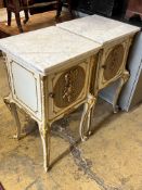 A pair of French caned parcel gilt marbled topped bedside cabinets, width 44cm, depth 41cm, height