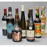 A selection of nine bottles of alcohol, to include Châteauneuf du Pape, Linie Aquavit, and others
