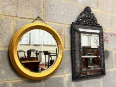 A 19th century style French embossed metal wall mirror, width 43cm, height 72cm together with a