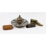 A 19th century French champleve enamel inkstand, 8.5cm tall, a brass snuff boot and two wood snuff