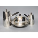 Two silver plated cafe au lait pots one with double wall interior and a muffin dish